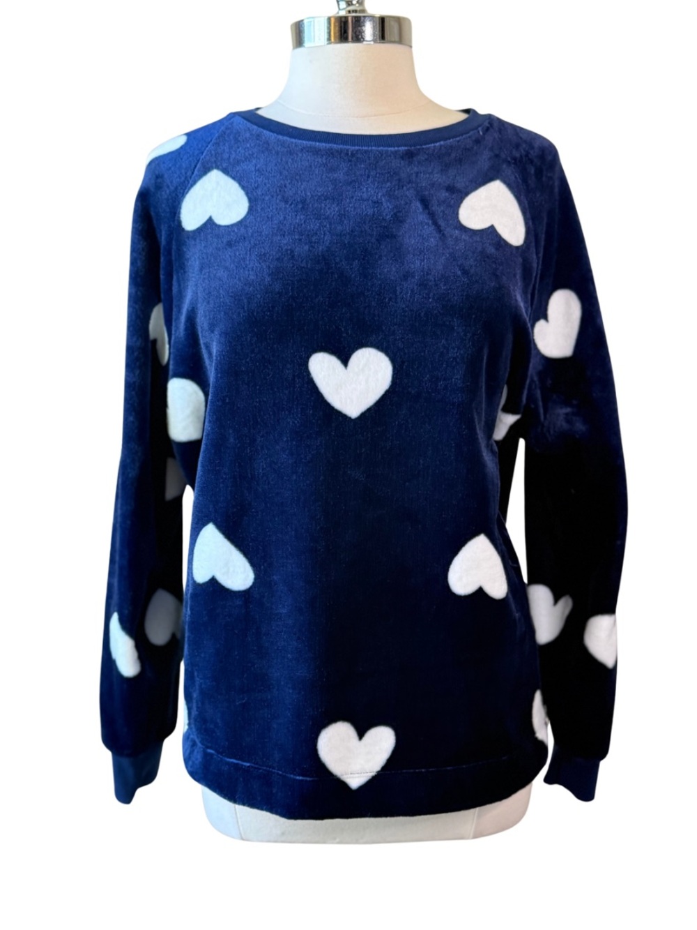 LOFT Navy Velour Heart Print Pullover Sweatshirt Size XL
